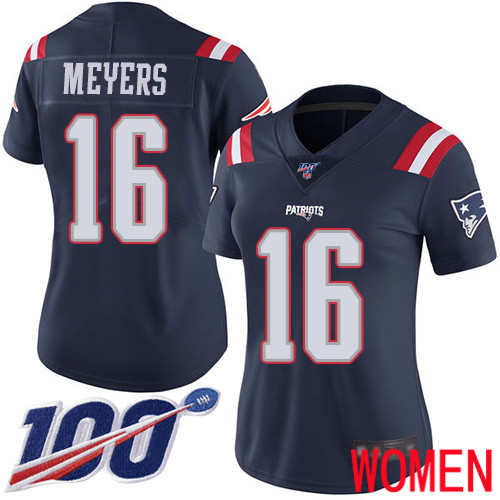 New England Patriots Football #16 100th Season Limited Navy Blue Women Jakobi Meyers NFL Jersey